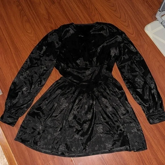 SWINGY FLORAL JACQUARD FIT & FLARE LONG SLEEVE MINI DRESS CORSET BLACK M - Picture 2 of 10